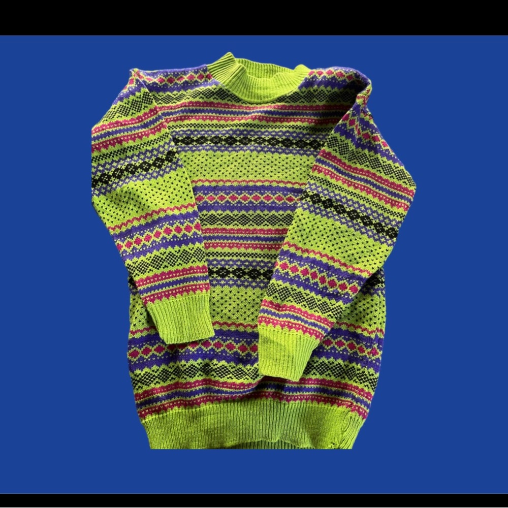 Green and Pink Crewneck Sweater with Nordic Pattern